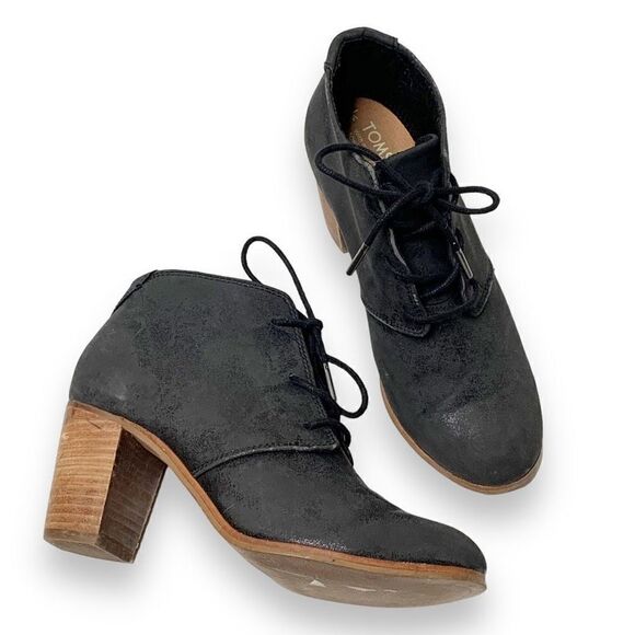 Toms Women’s Lunata Leather Lace Up Ankle Booties Black Stacked Block Heel Sz 7 - Picture 2 of 11